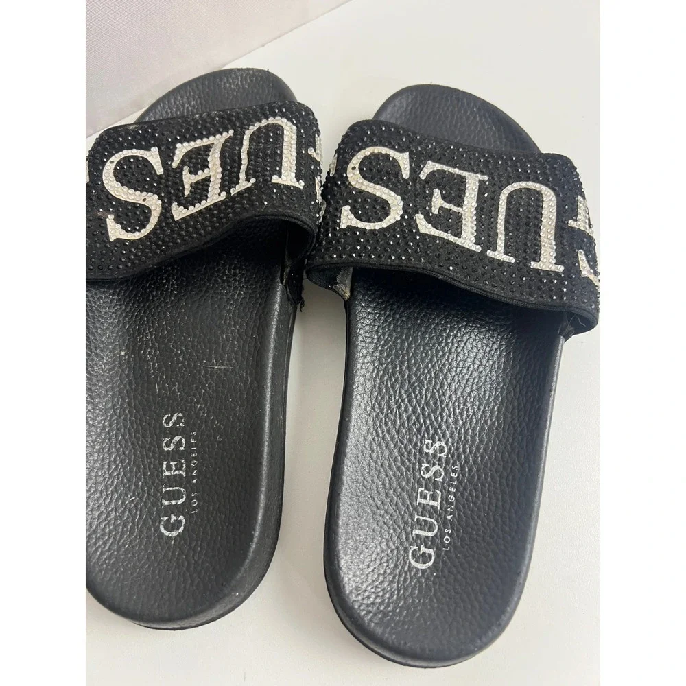 Guess Los Angeles Kids Black Rhinestone Logo Slide Sandals Size 230 23cm